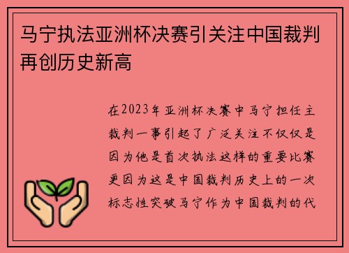 马宁执法亚洲杯决赛引关注中国裁判再创历史新高