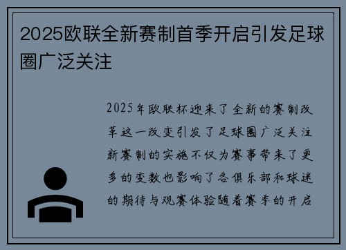 2025欧联全新赛制首季开启引发足球圈广泛关注