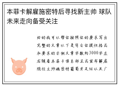 本菲卡解雇施密特后寻找新主帅 球队未来走向备受关注 本菲卡解雇施密特后寻找新主帅 球队未来走向备受关注